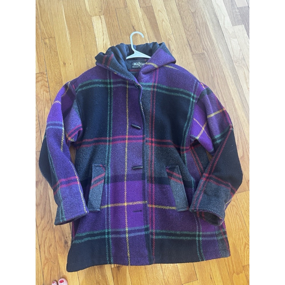 Vintage Braetan‎ Women's Acrylic Purple Plaid Color Block Hooded Jacket M